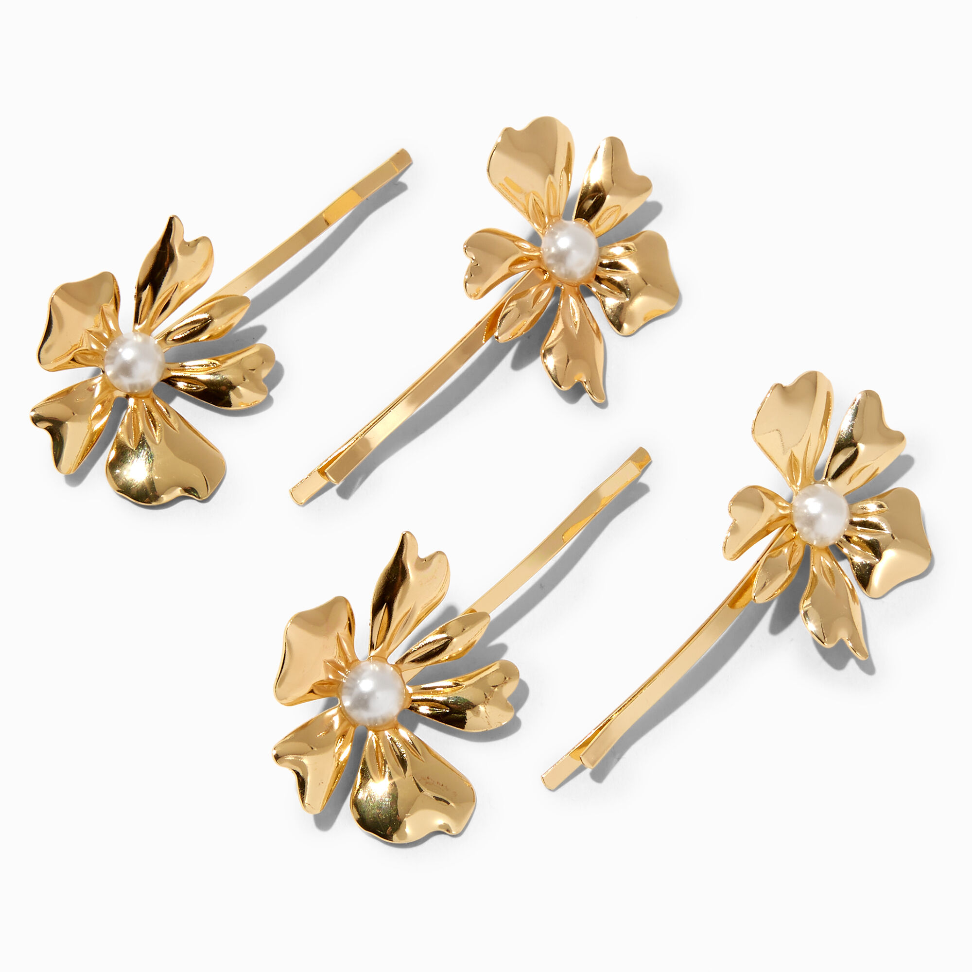View Claires Tone Floral Pearl Hair Pins 4 Pack Gold information