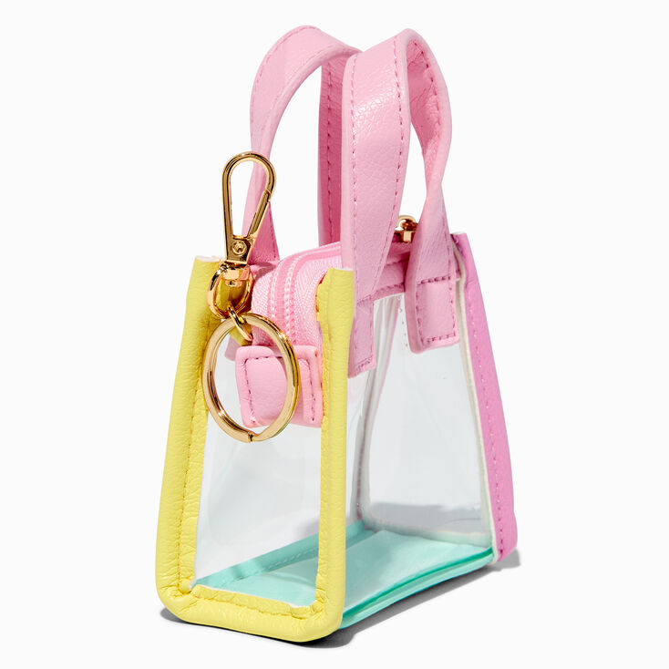 Porte-cl&eacute;s mini sac cabas transparent color block pastel,