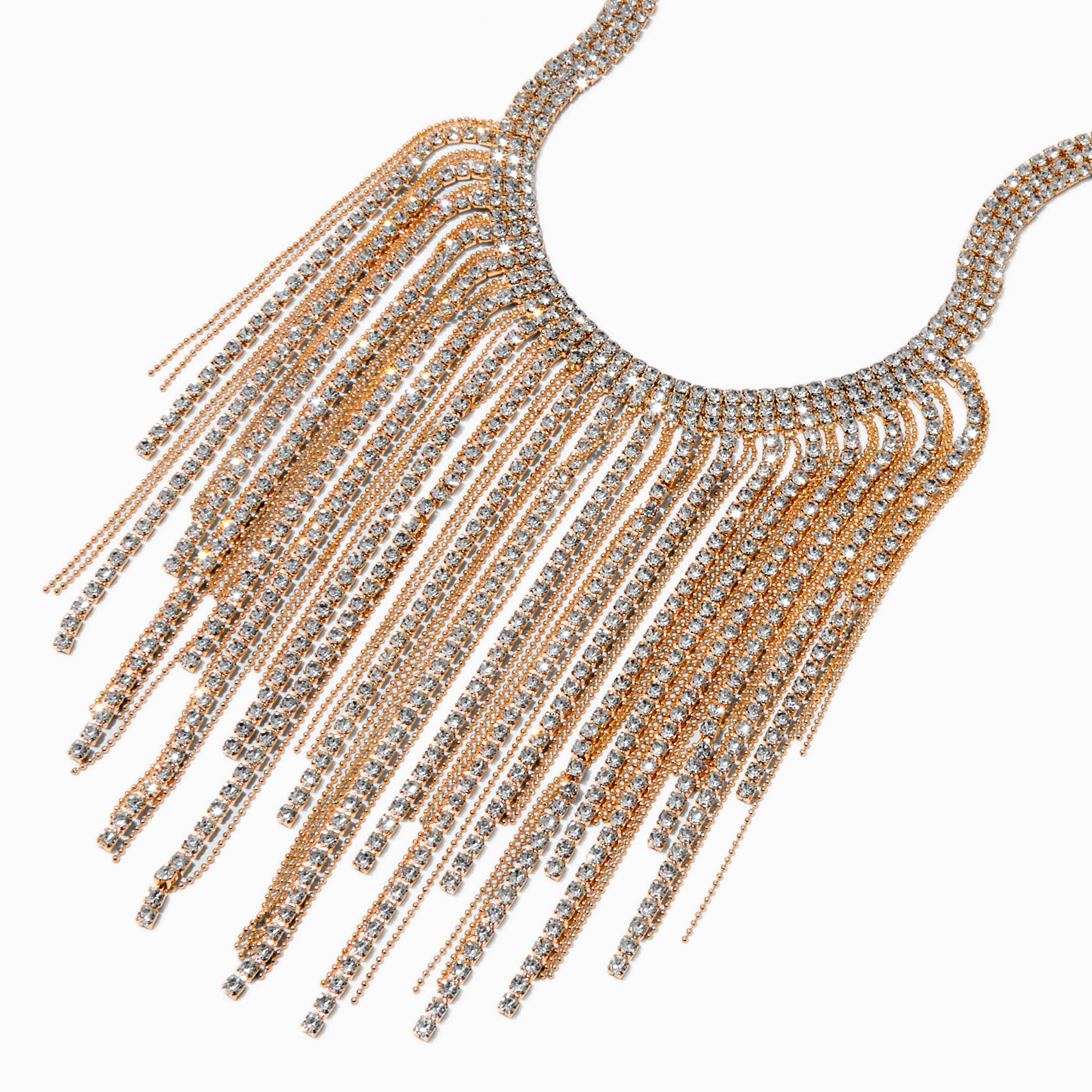 View Claires Tone Mega Crystal Fringe Statement Necklace Gold information