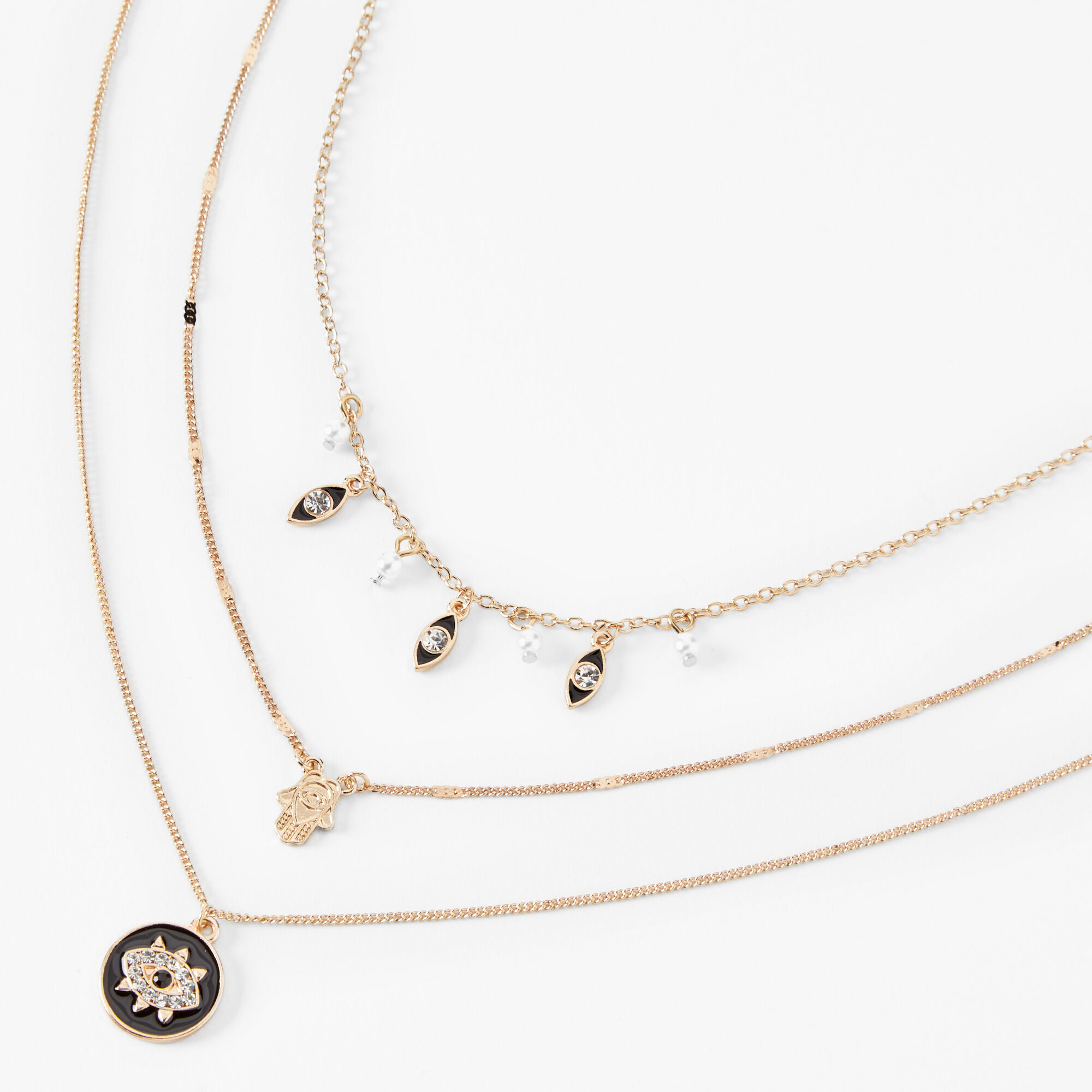 Black Evil Eye & Hamsa Gold Multi-Strand Necklace,