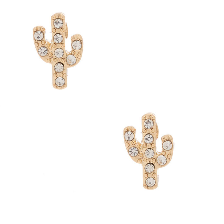 Gold Crystal Cactus Stud Earrings,