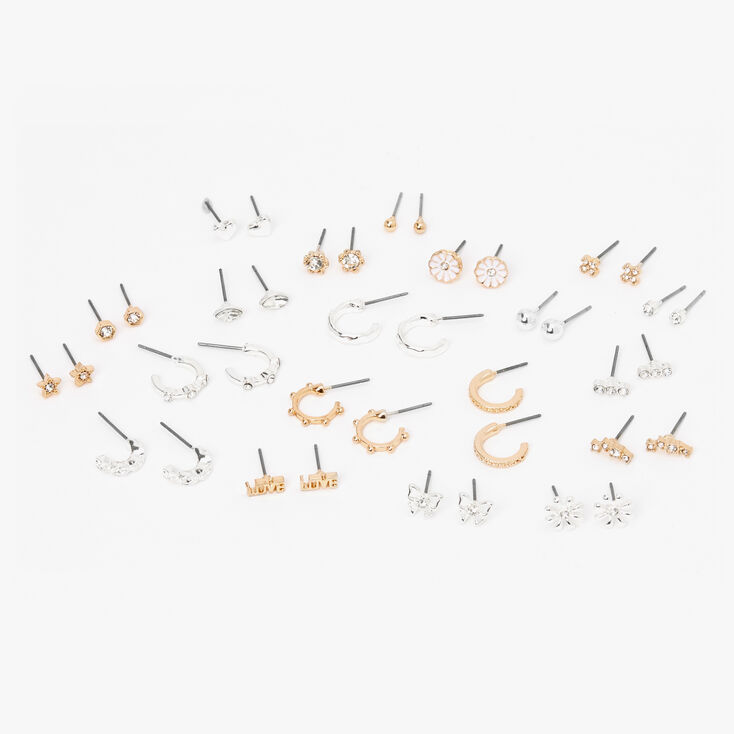 Mixed Metal Floral Love Earrings Set - 20 Pack,