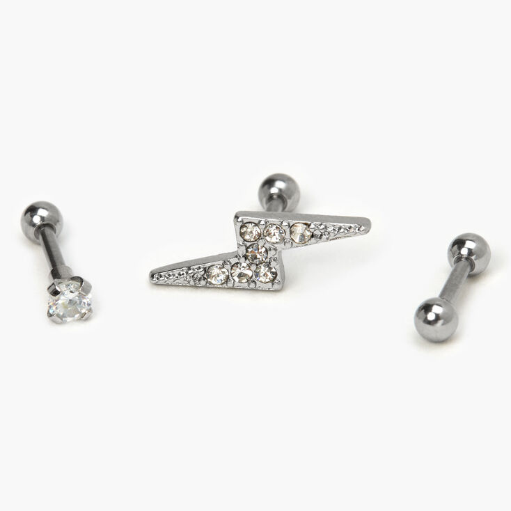 Silver Crystal Lightning Bolt Cartilage Earrings - 3 Pack,
