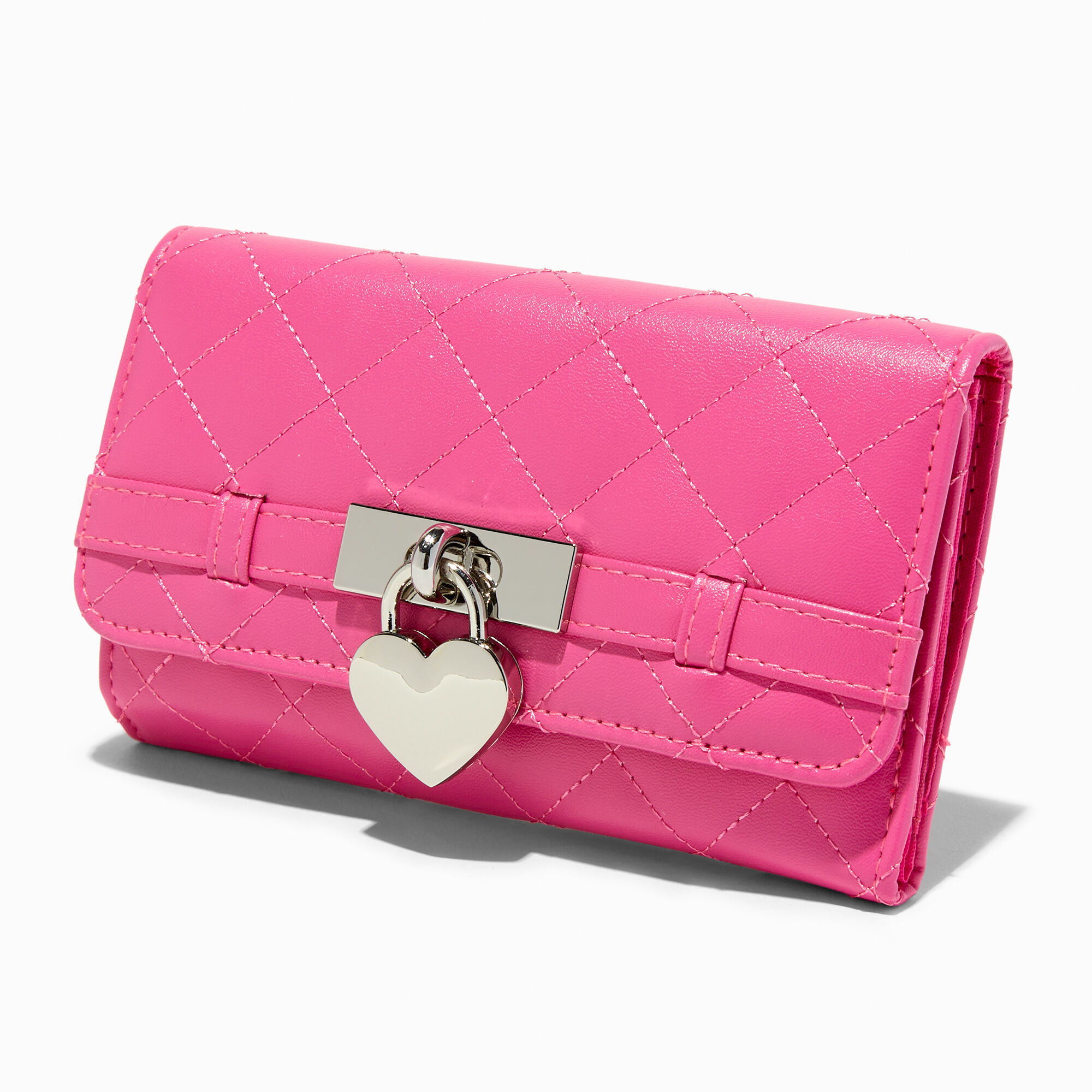 View Claires Quilted Heart Buckle Wallet Pink information