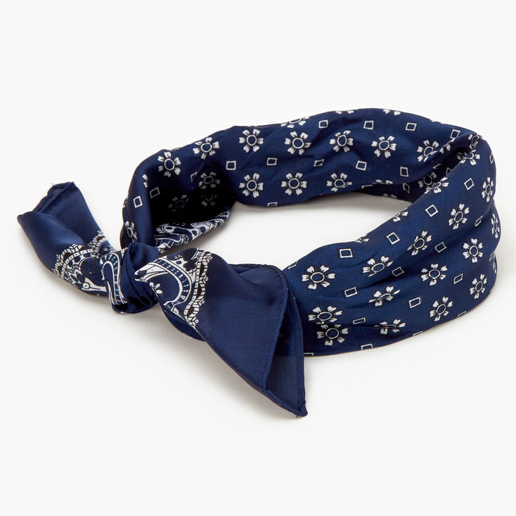 Bandeau bandana soyeux imprim&eacute; floral et cachemire - Bleu marine,