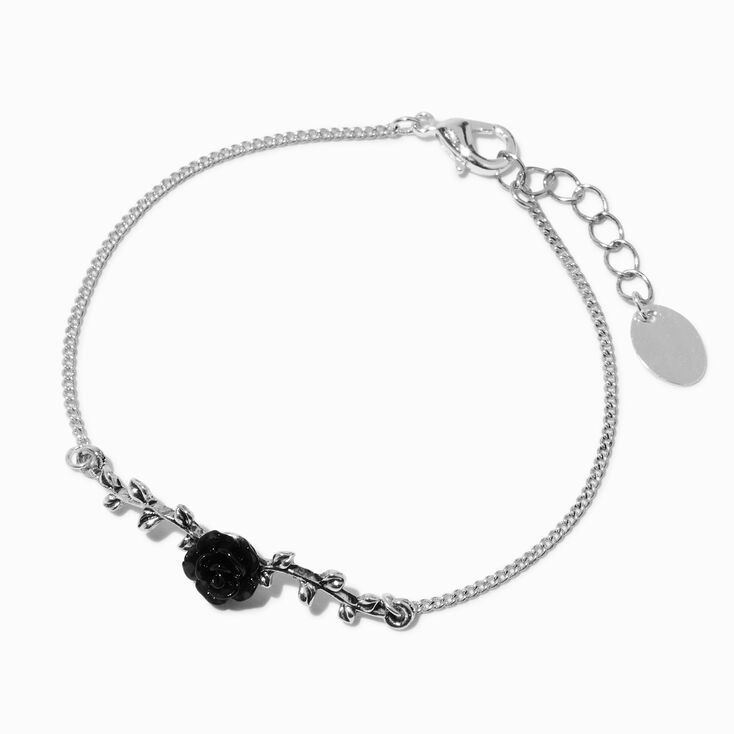 Bracelet de cha&icirc;ne lierre et rose noire couleur argent&eacute;e,