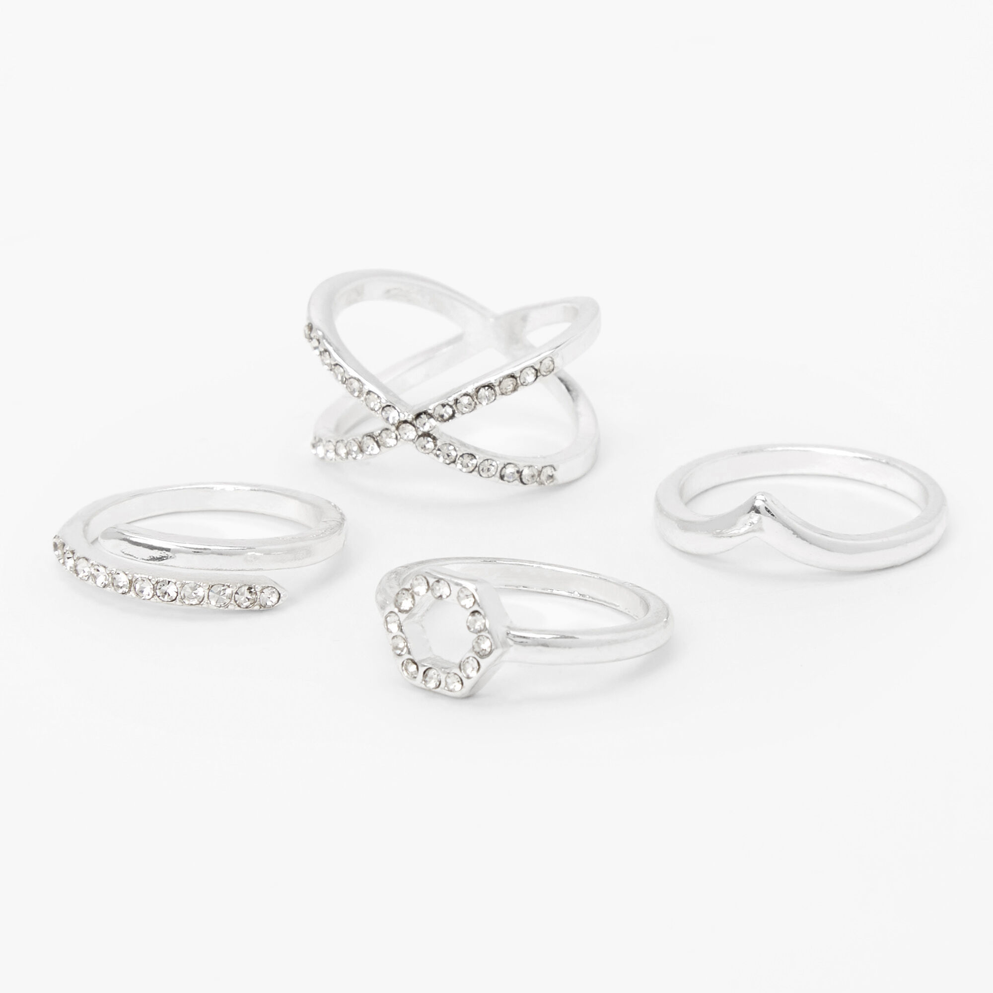 View Claires Embellished Geometric Rings 4 Pack Silver information