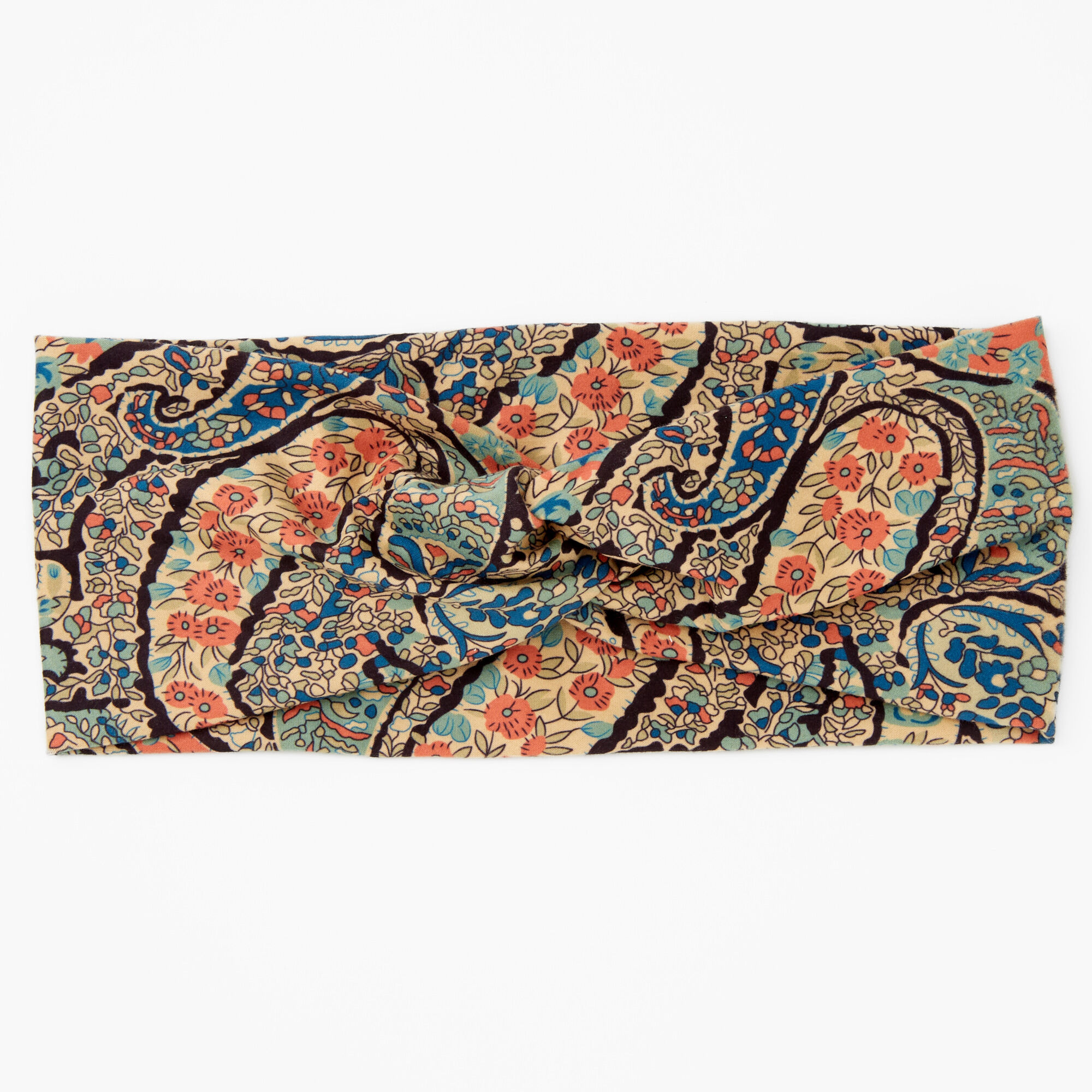 Bandeau torsadé motif cachemire marron,