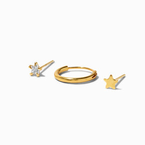 Gold-tone Sterling Silver Cubic Zirconia 22G Star Stud &amp; Hoop Nose Rings - 3 Pack,