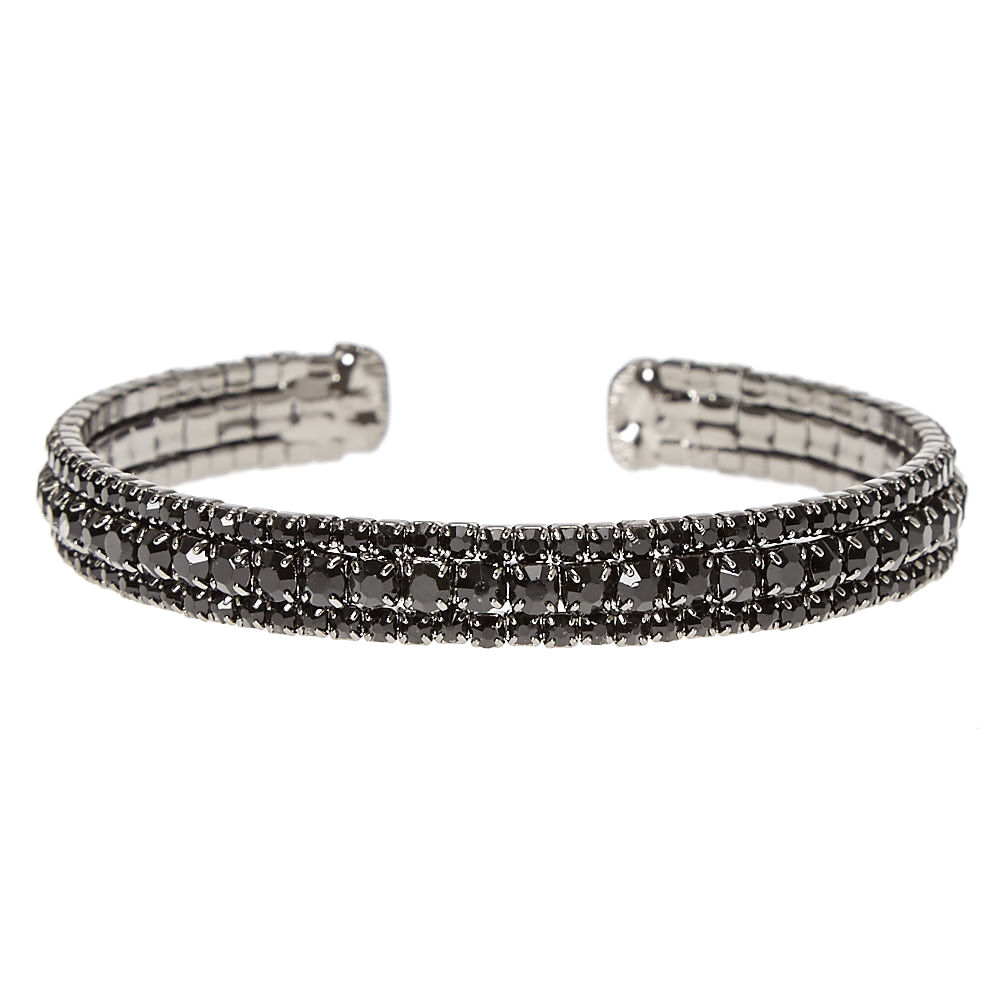 Jet Black Triple Row Crystal Open Cuff Bracelet,