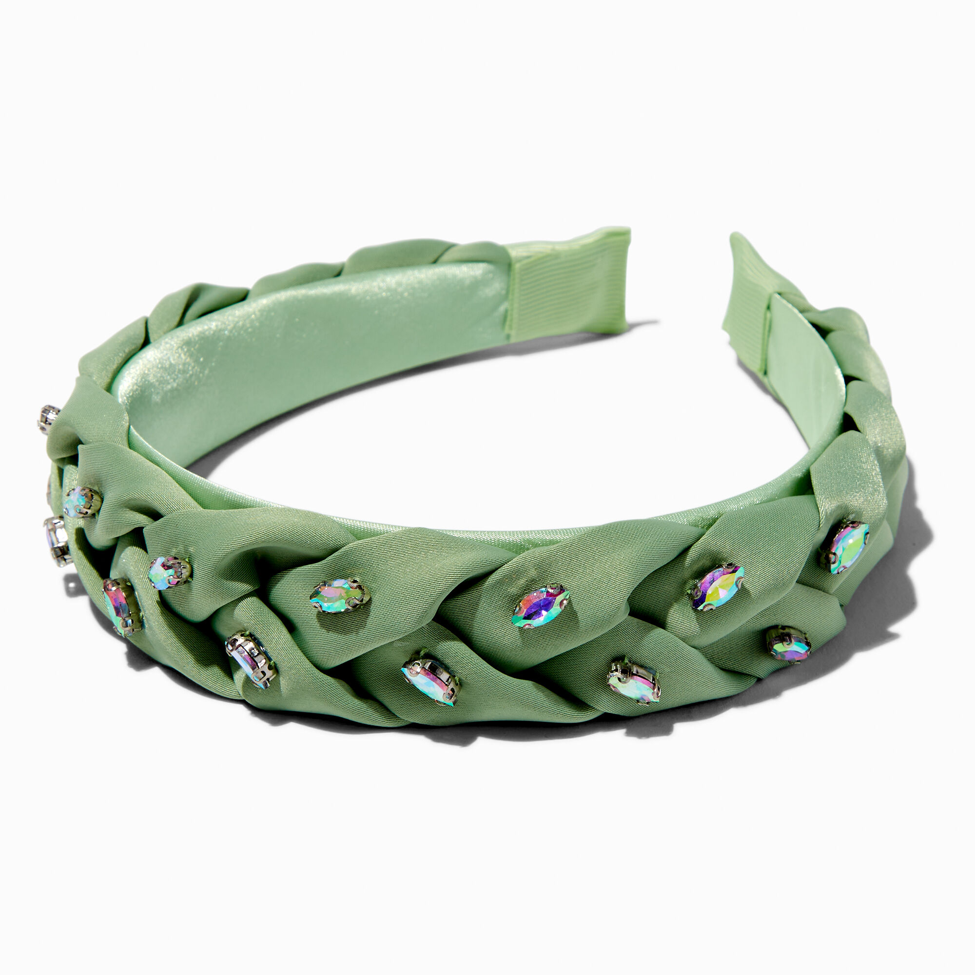 View Claires Braided Iridescent Stone Puff Headband Green information