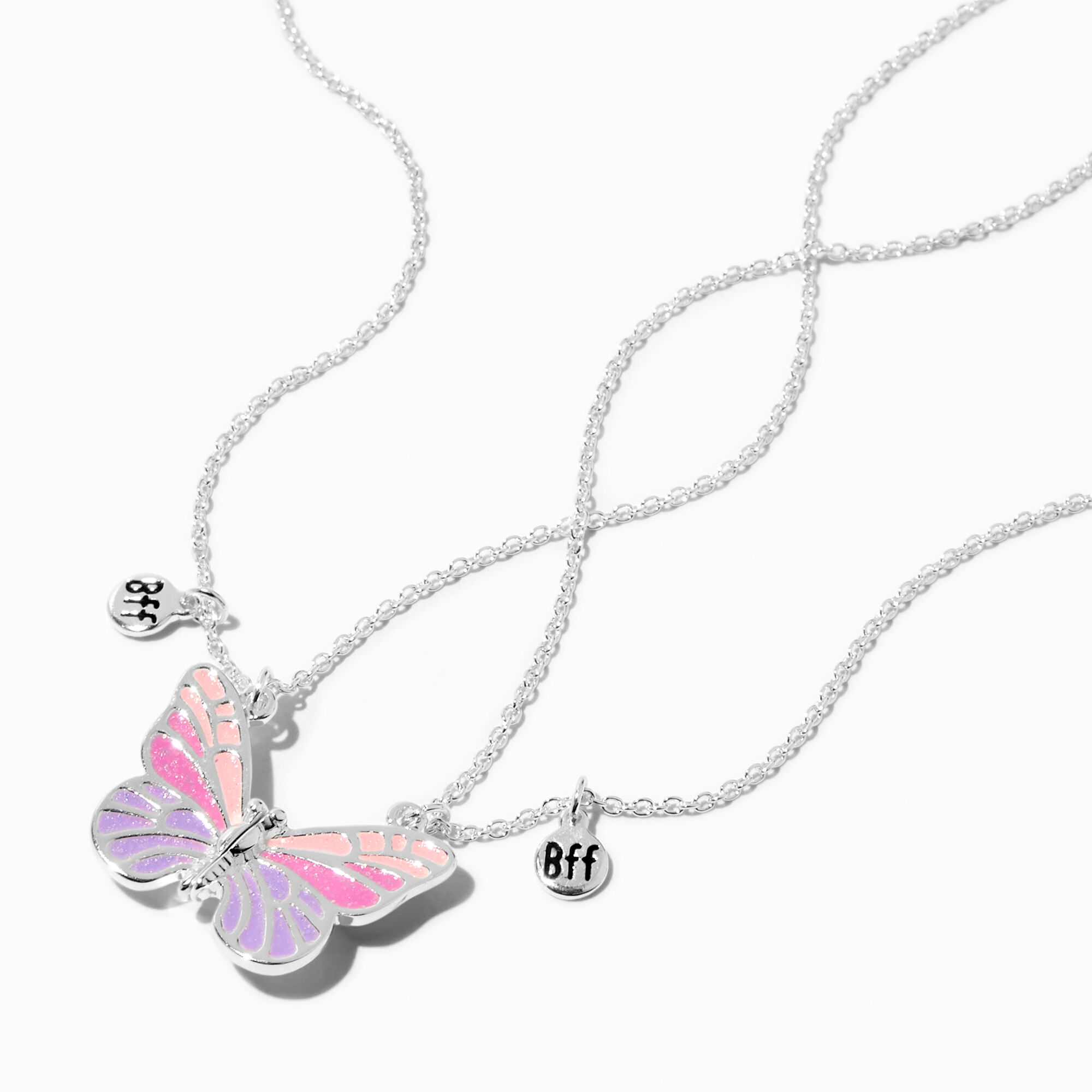 View Claires Best Friends Uv ColourChanging Split Butterfly Pendant Necklaces 2 Pack Silver information