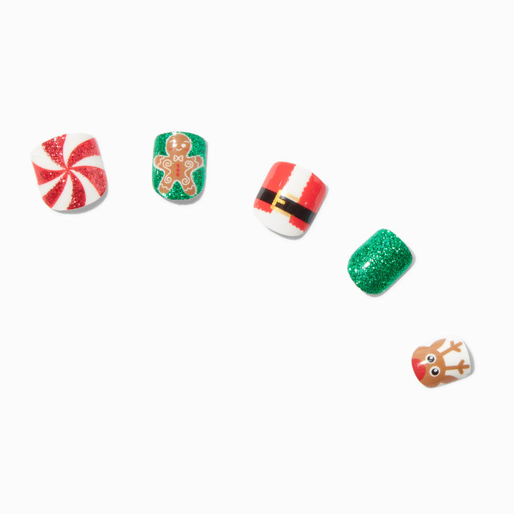 Faux ongles autocollants ic&ocirc;nes de No&euml;l &agrave; paillettes - Lot de 24,