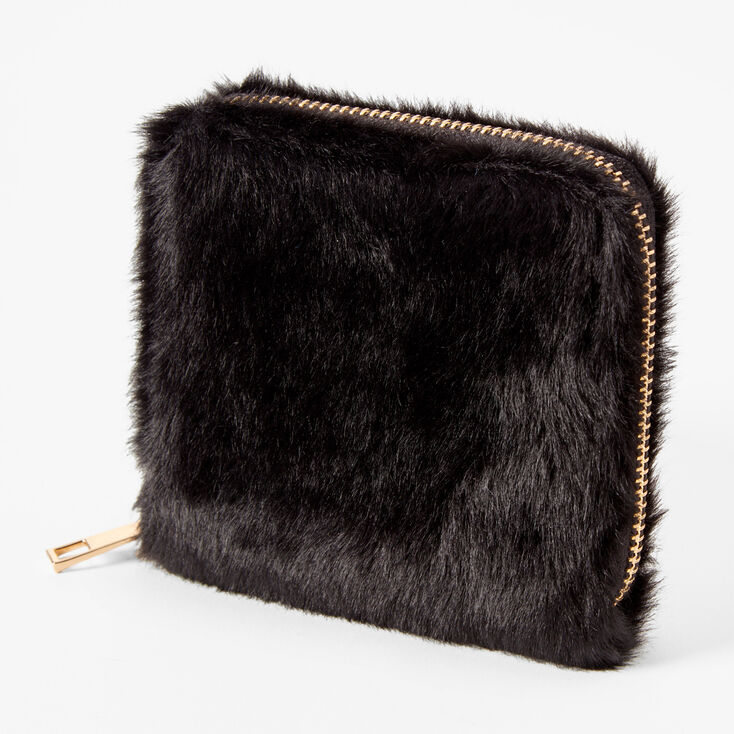 Mini porte-monnaie à zip en fausse fourrure - Noir