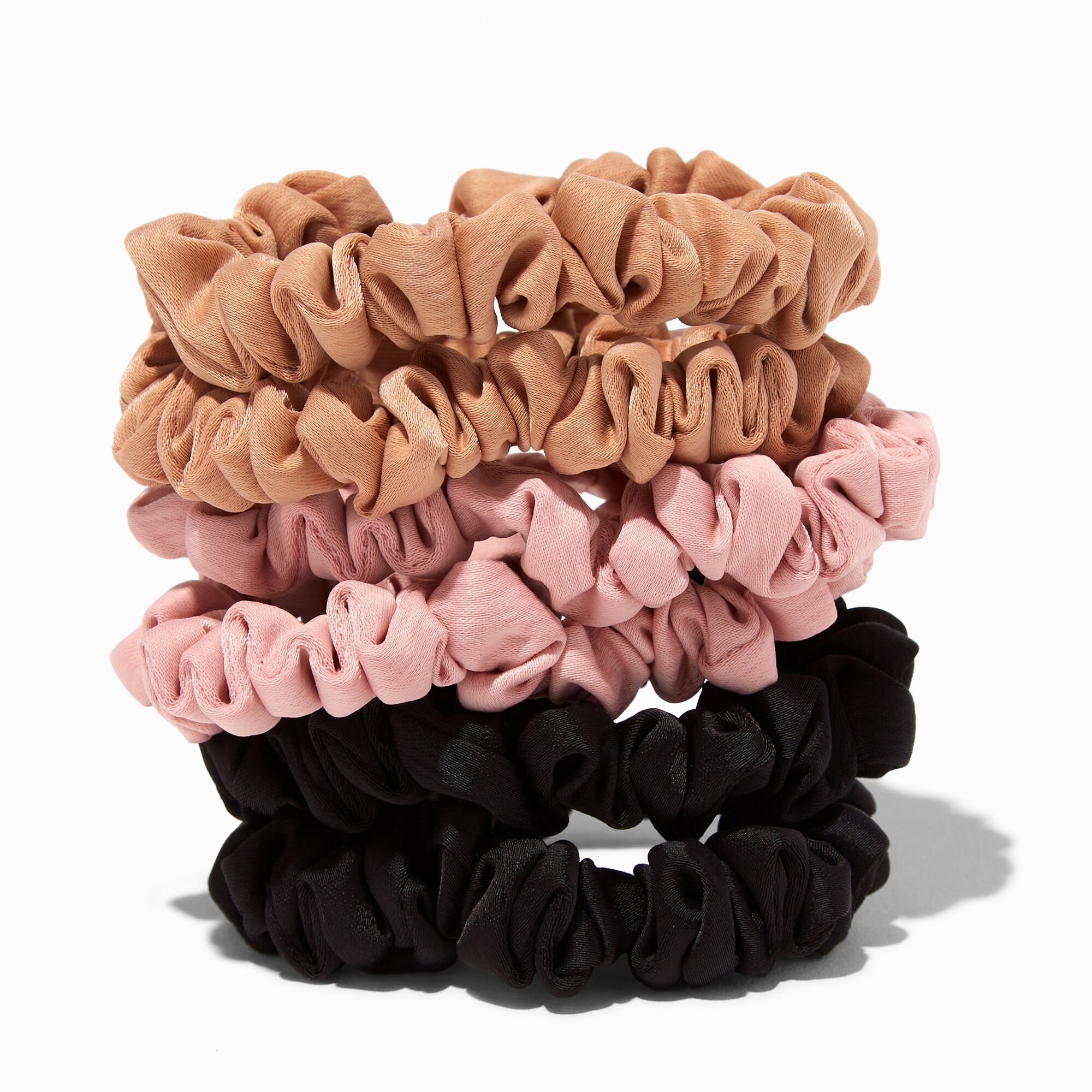 Black, Pink, & Tan Skinny Silky Hair Scrunchies - 6 Pack,