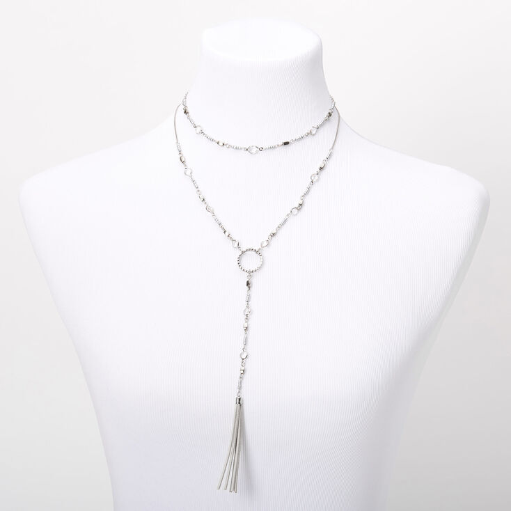Silver Beaded Suede Tassel Multi Strand Necklace,