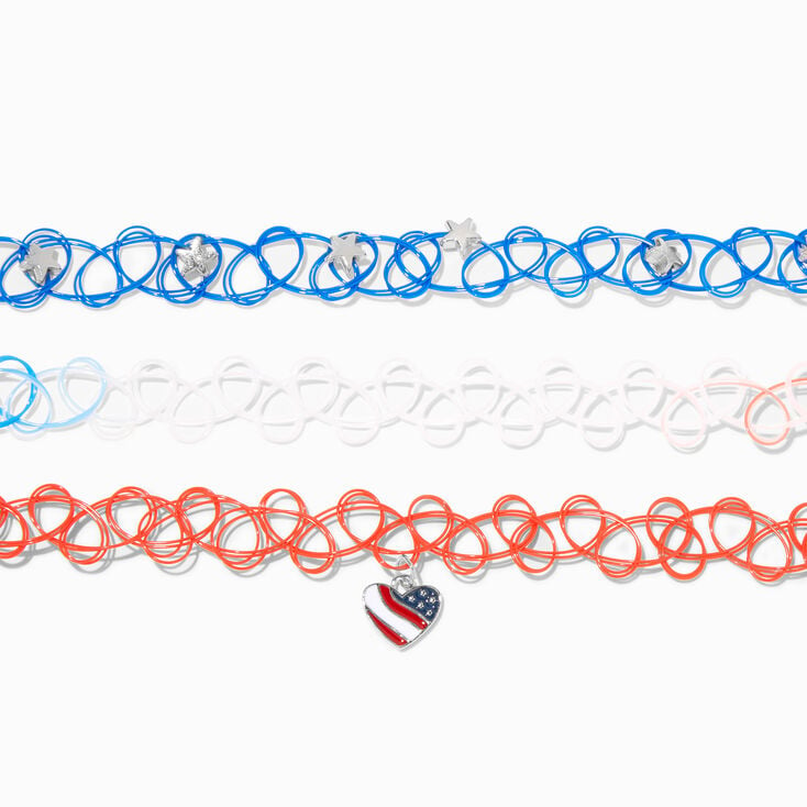 Patriotic Red, White, &amp; Blue Tattoo Choker Necklaces - 3 Pack,