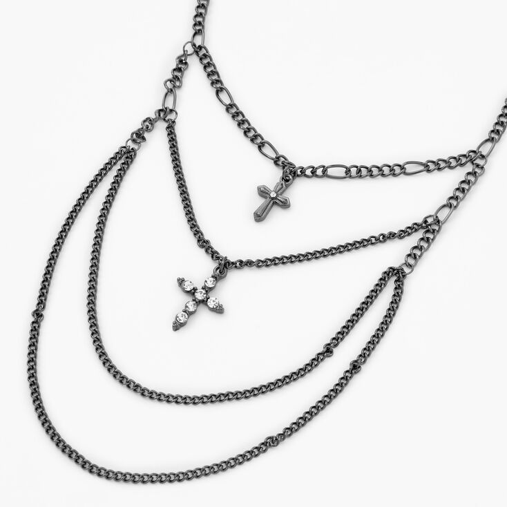 Embellished Crosses Hematite Multi Strand Pendant Necklace,