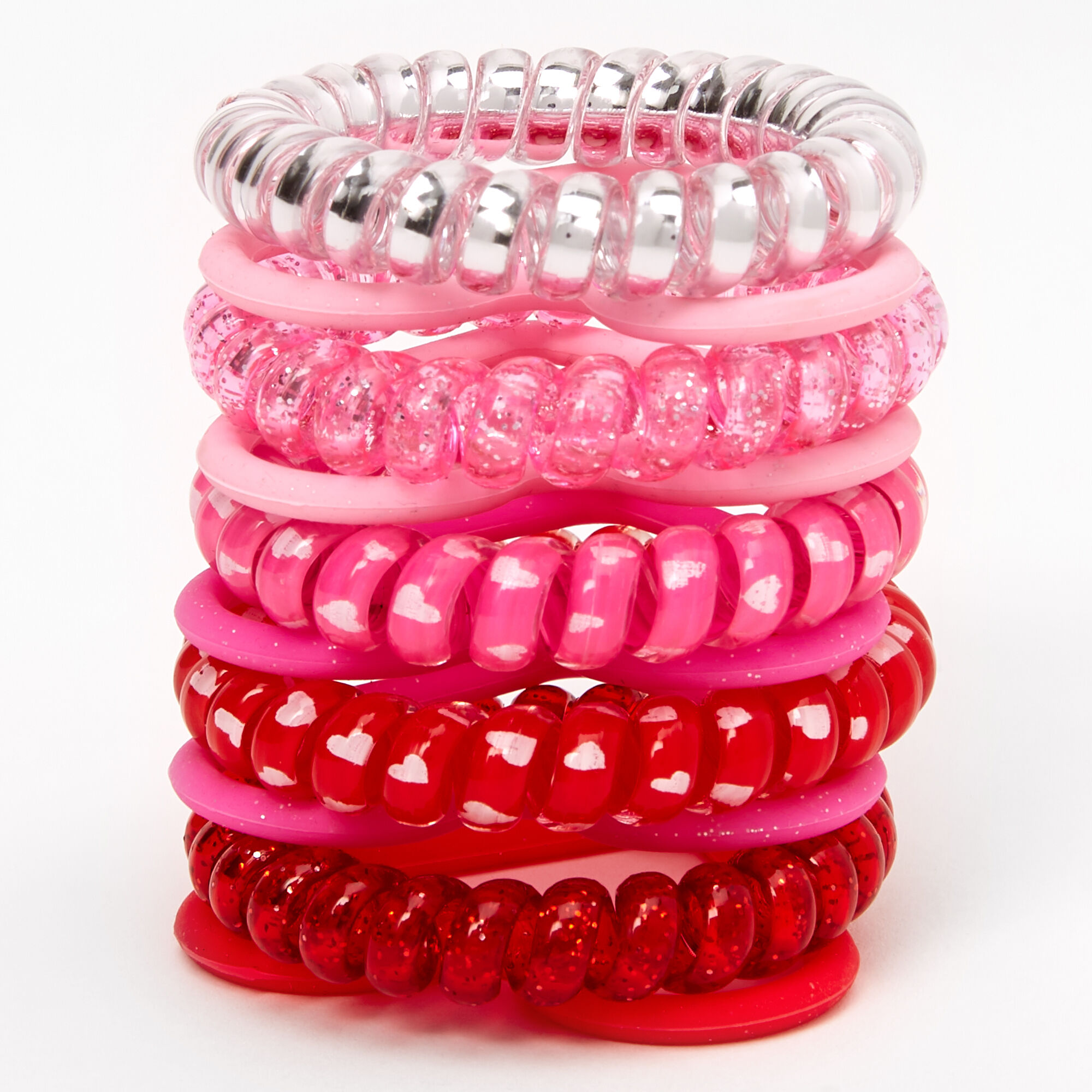 Pink & Red Coils and Hearts Bracelets - 10 Pack,