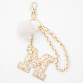 Gold Bling Initial Pom Pom Keychain - White, M,