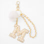 Gold Bling Initial Pom Pom Keychain - White, M,