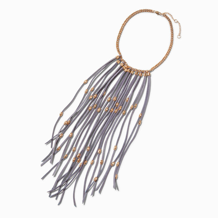 Gold-tone Beaded Gray Fringe Necklace,