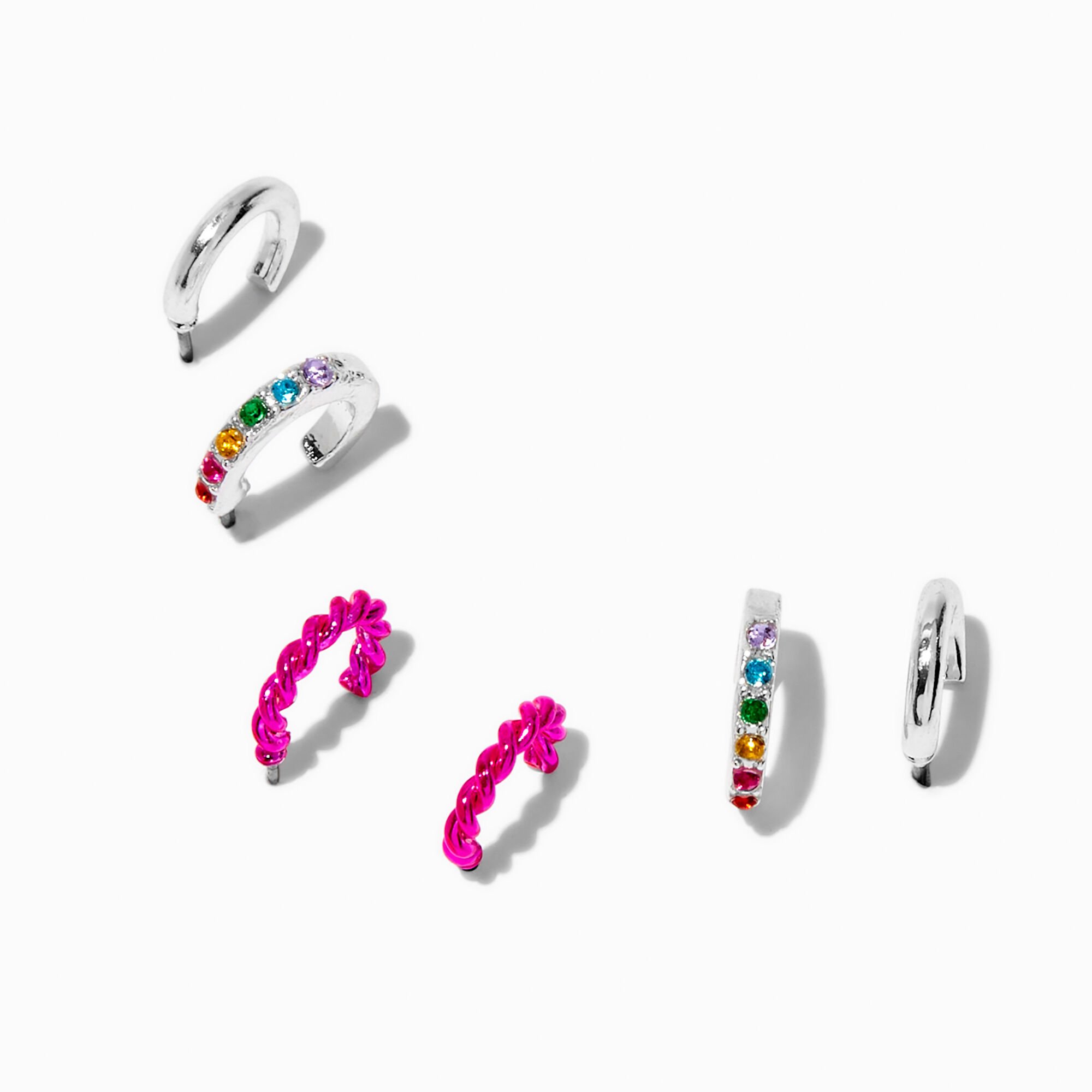 Silver-tone Pink Rainbow Hoop Earring Stackables Set - 3 Pack,