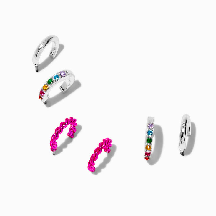 Silver-tone Pink Rainbow Hoop Earring Stackables Set - 3 Pack,
