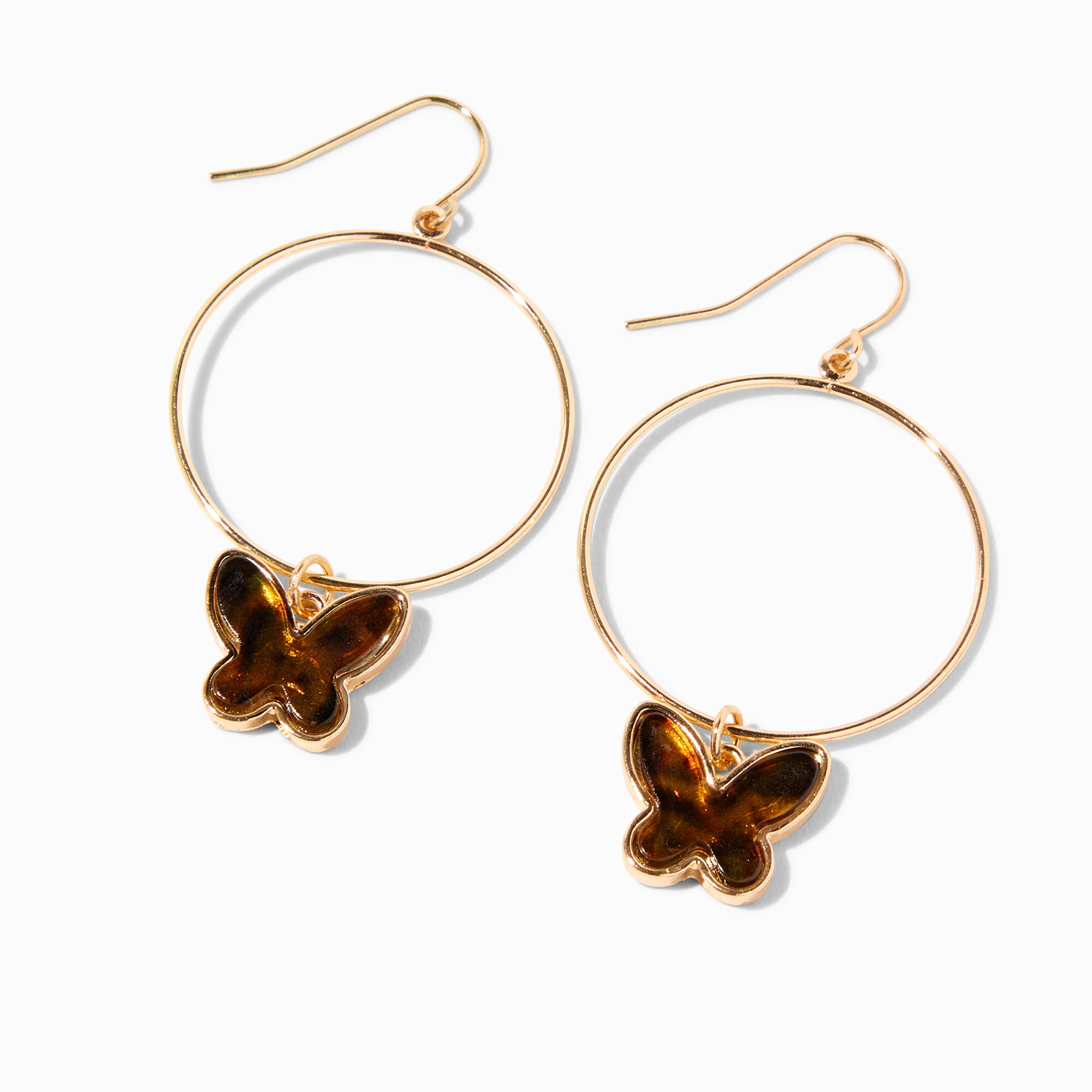 View Claires Tortoiseshell Butterfly 2 Tone Drop Hoop Earrings Gold information
