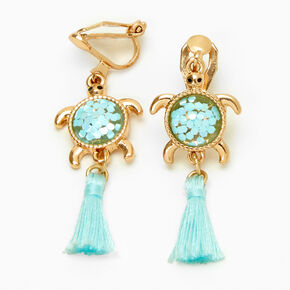 Gold 1.5&quot; Turtle Tassel Clip On Drop Earrings - Mint,