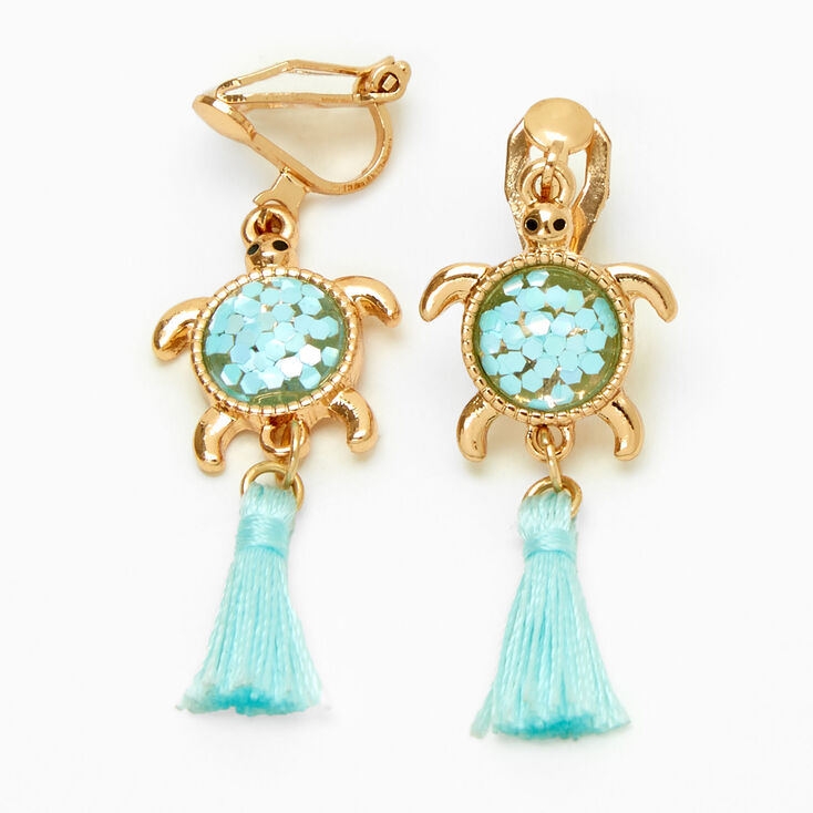 Gold 1.5&quot; Turtle Tassel Clip-On Drop Earrings - Mint,