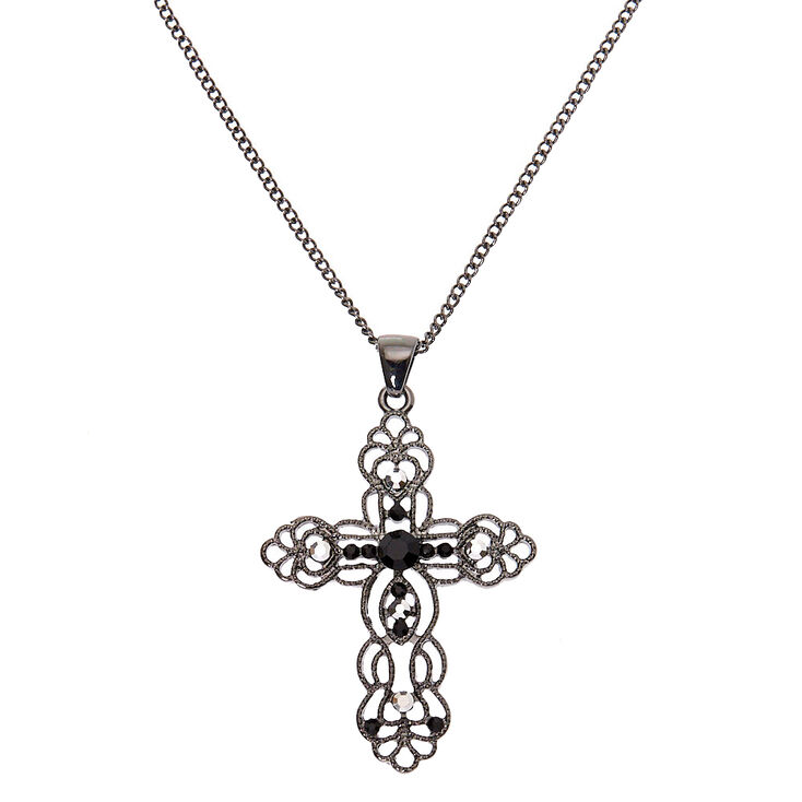 Claire's Long collier à pendentif croix décorée couleur hématite