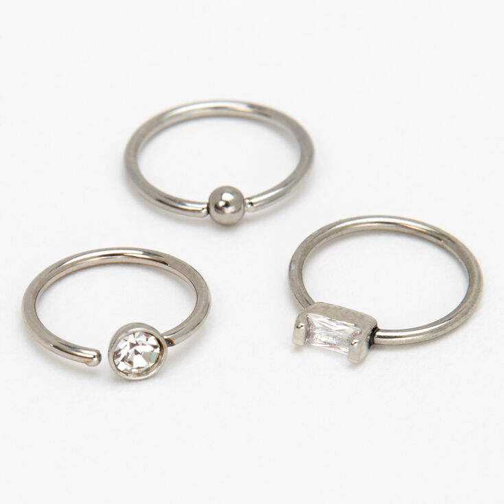 Silver 20G Mixed Design Hoop Nose Rings - 3 Pack,