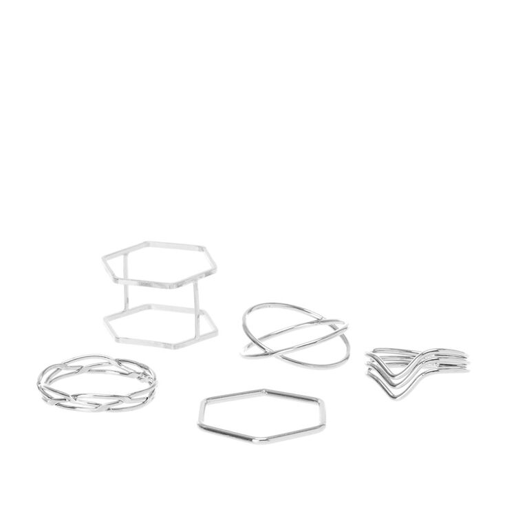 Silver Geometric Midi Ring Set,