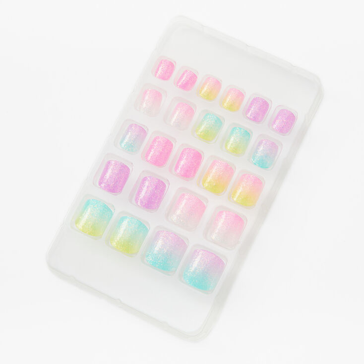Faux ongles vegan autocollants carr&eacute;s arc-en-ciel d&eacute;grad&eacute; &agrave; paillettes - Lot de 24,