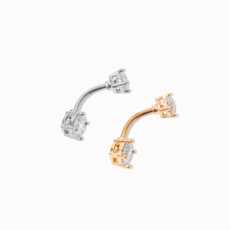 Mixed Metal Stainless Steel Cubic Zirconia 14G Belly Bars - 2 Pack,