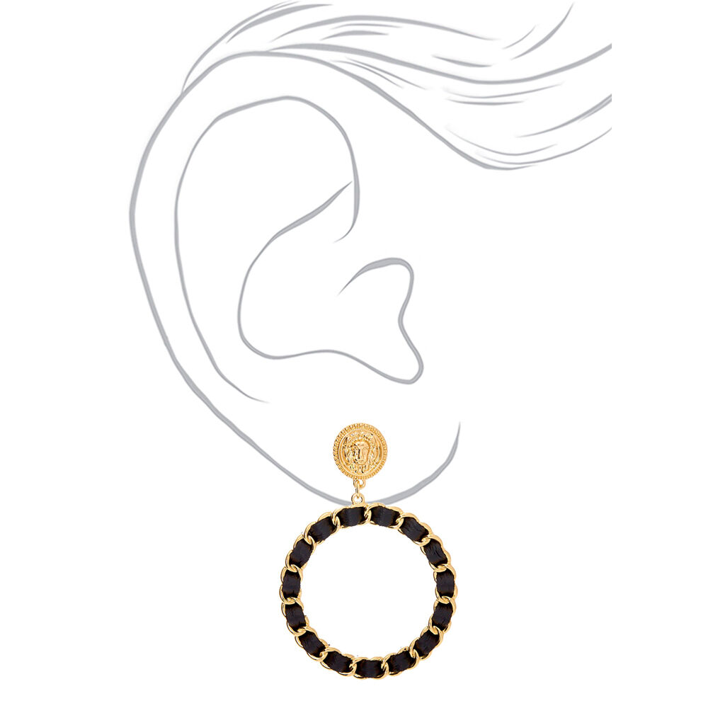 Gold 2.5" Woven Lion Hoop Drop Earrings - Black,