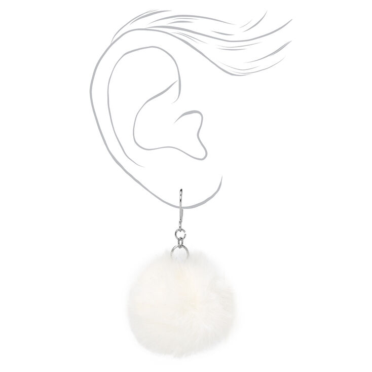 White 2&quot; Pom Pom Drop Earrings,