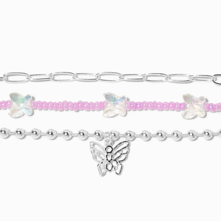 Silver Butterfly Purple Beads Bracelet Set - 3 Pack,