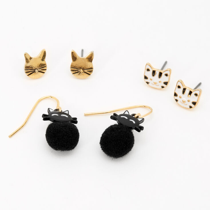 Gold Cat Pom Pom Mixed Earrings Set - 3 Pack,