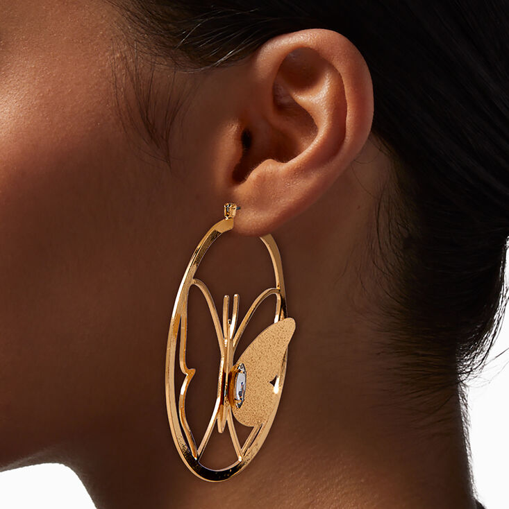 Gold-tone Glitter Dusted Butterfly Hoop Earrings,