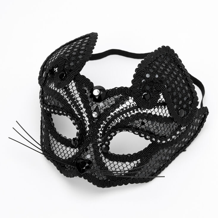 Black Lace Cat Mask with Jewels
