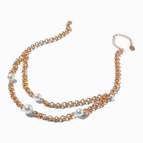 A detailed photograph of a Gold-tone Double Chain Pearl Charm Necklace.