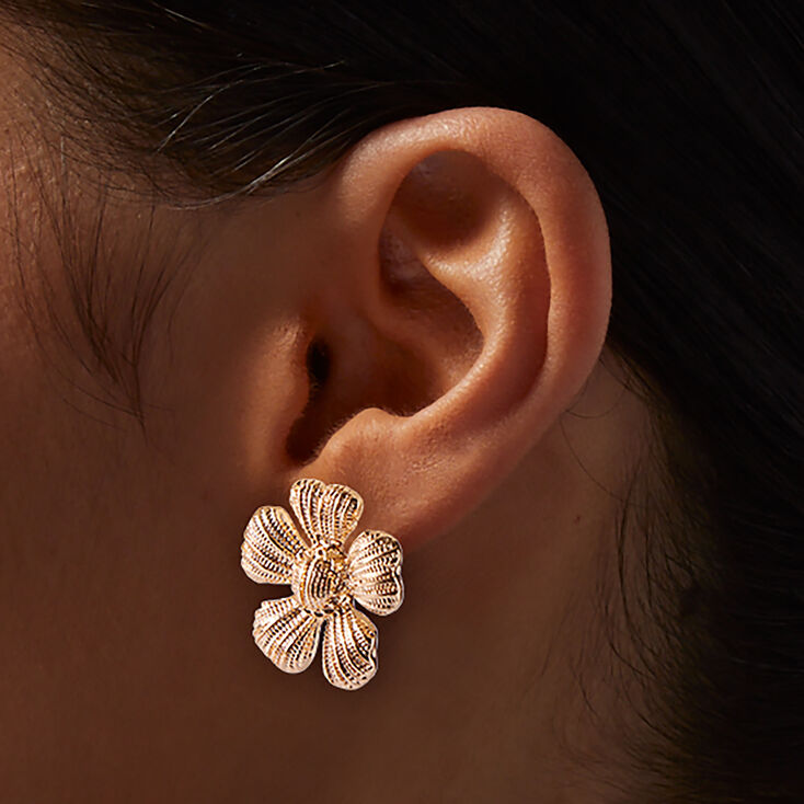 Gold-tone Textured Flower Stud Earrings,