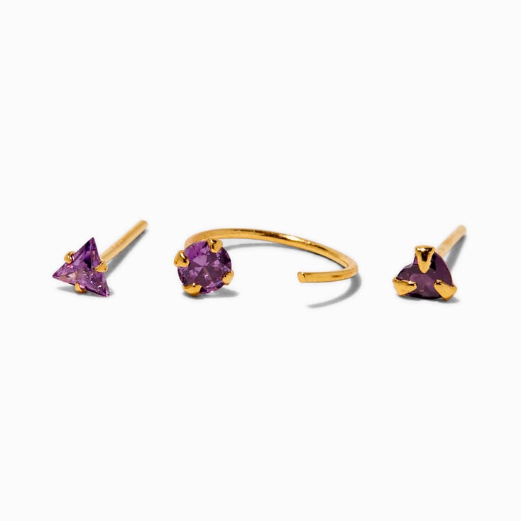 Anneau torsad&eacute; et clous de nez 1,7&nbsp;mm strass violet couleur dor&eacute;e - Lot de 3,