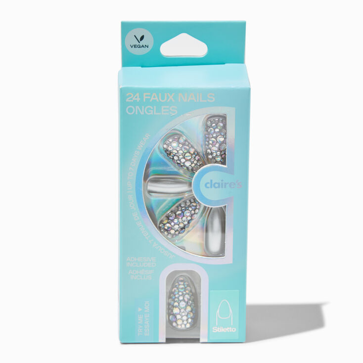 Silver Bling Stiletto Vegan Faux Nail Set - 24 Pack,