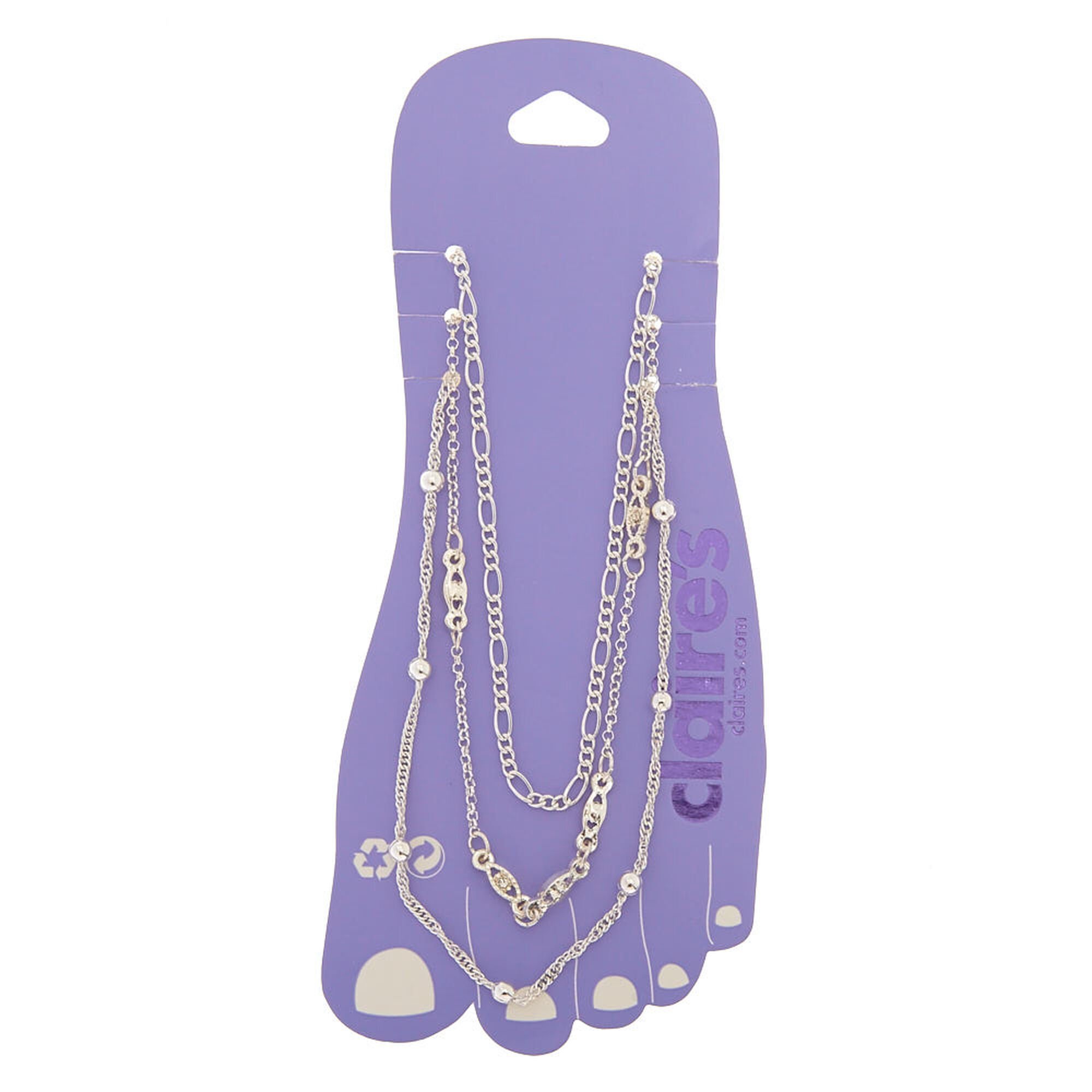 Silver tone Simple Beaded Chain Anklets 3 Pack