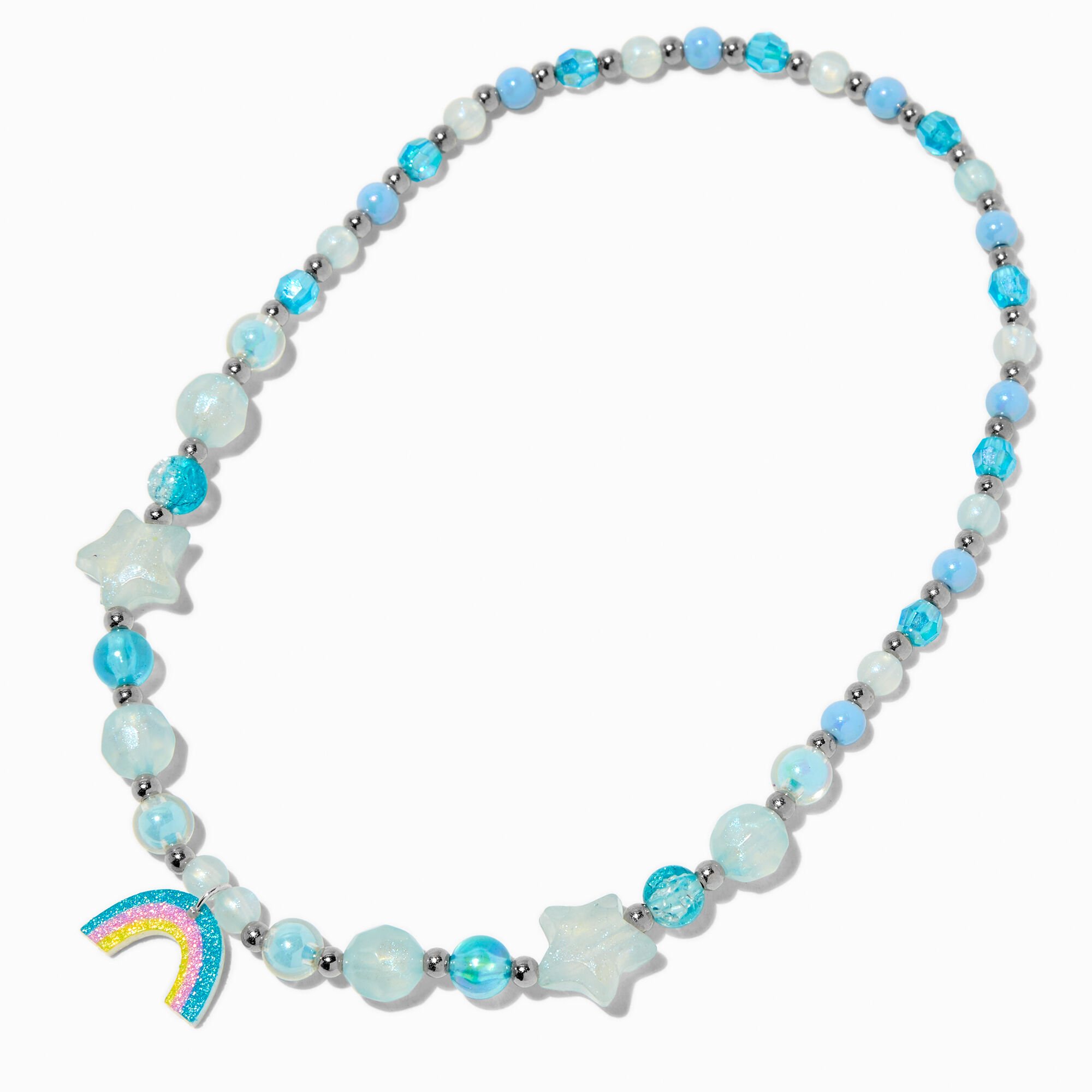 Claire's Club Blue Beaded Rainbow Pendant Necklace,