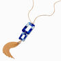 Collier &agrave; pendentif carr&eacute; effet marbr&eacute; bleu avec pompon couleur dor&eacute;e,
