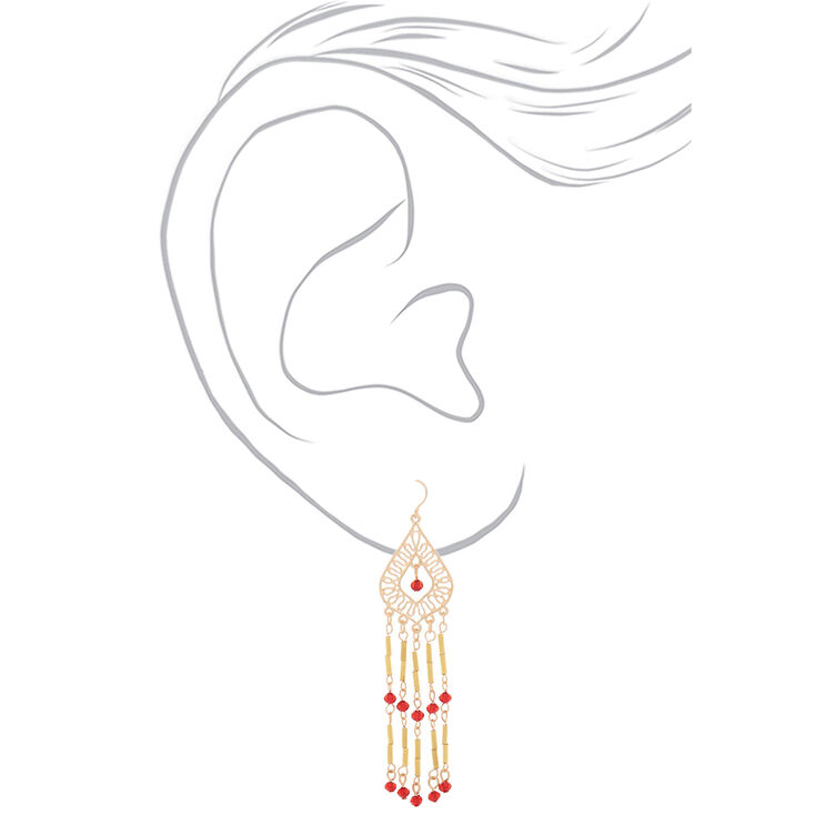 Gold 3&quot; Bead Chandelier Drop Earrings - Red,